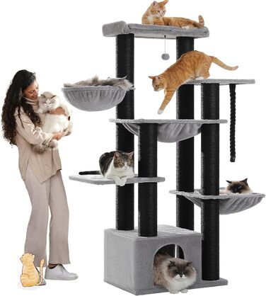Когтеточка для великих котів PAWZ Road XXL 169 см, стабільна, з гамаками, 13 стовпцями з сизалю, великою лежанкою, будиночком, кошиками, чорна, вироблено в ЄС