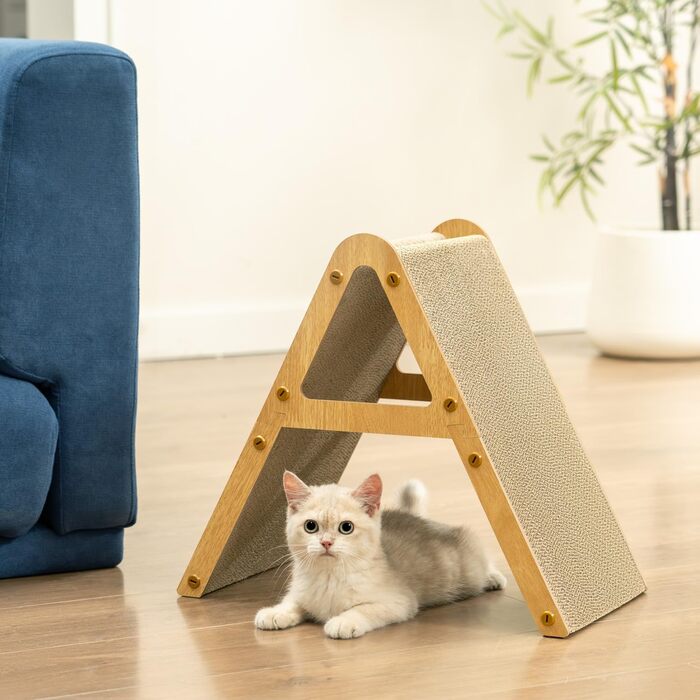 Котячий когтетоп з коробкою та 4 змінними шарами когтешорсткого матеріалу - великі когтетопи з міцного гофрокартону, двосторонні когтешорстки з наклейками DIY - місце для відпочинку котів у квартирі, захист меблів (великий, у формі трикутника)