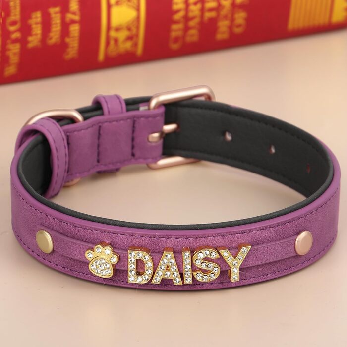 Персоналізоване шкіряне собаче ошийник з кристалами та іменем від PET ARTIST, блискучий ошийник зі стразами для собак, обхват шиї 33-43 см, фіолетовий