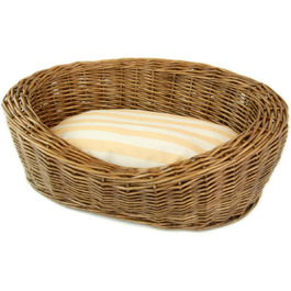 Ліжко для собак та котів, плетене з лози, кругле, з стьобаним подушкою в смужку, розмір S, коричневе