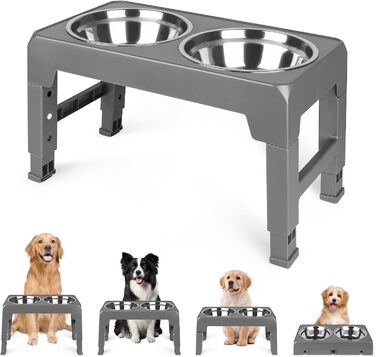 Підвищений годівниця для собак та котів, 2-в-1, 4 регульовані висоти, підставка Anti-Slip з нержавіючою чашею, сірий, 44 x 24 x 8 см