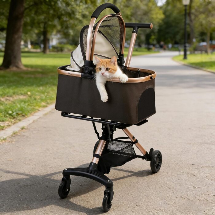 Візок для собак 3 в 1, складаний, для маленьких собак та котів, знімний кошик, візок-стільчик для дітей, сітка, оксфордська тканина, до 20 кг (Темно-зелений) (Кавово-коричневий)