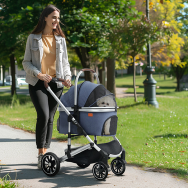 PawHut Коляска для собак 3 в 1 Dog Buggy Складна для собак і кішок до 10 кг Cat Buggy з подушкою Підстаканник Сітка Вікна Двері Кошик для зберігання Котяча коляска Баггі Dark Blue | Аосом