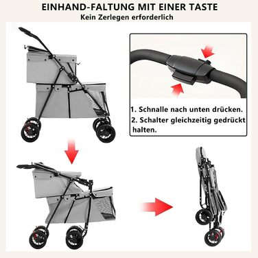 Складаний візок для собак на 2 яруси, переноска для домашніх тварин до 24 кг, візок для собак з сітковими віконцями, ремінь безпеки, 4 колеса, складаний візок для котів та маленьких собак (сірий)