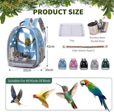 PETCUTE Рюкзак для птахів з дерев'яною жердкою, блакитний. Транспортна сумка для перевезення папуг з нержавіючою підставкою та жердкою.