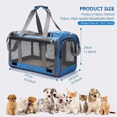 Транспортна переноска для котів та собак PETCUTE, 9 кг, складана, з плечовим ременем, для подорожей та кемпінгу (Блакитна)