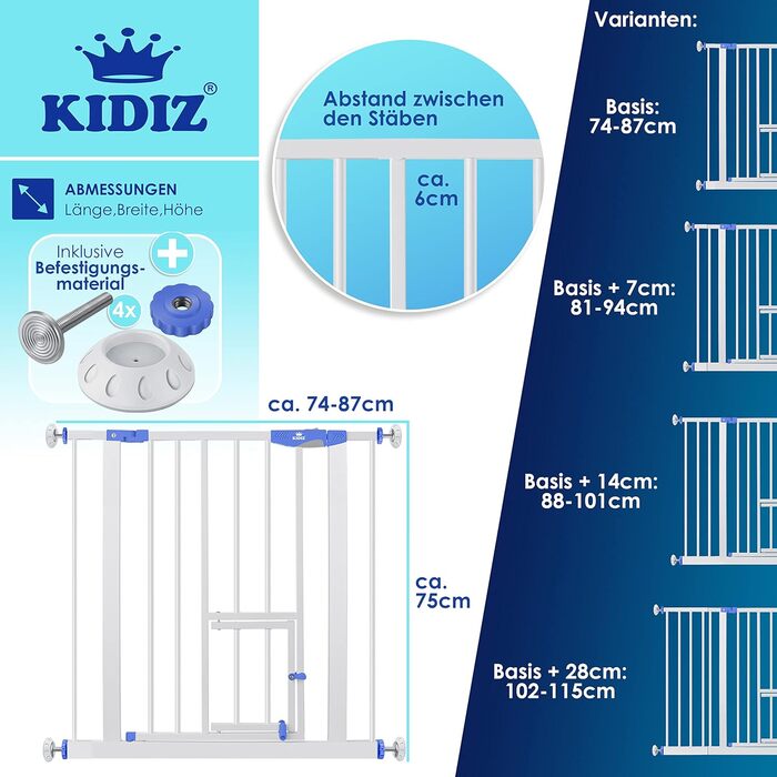 Захисне ворота KIDIZ® для дітей, собак та котів | Без свердління, розширюване, поворотне | Розмір: 74-87 см, блакитне