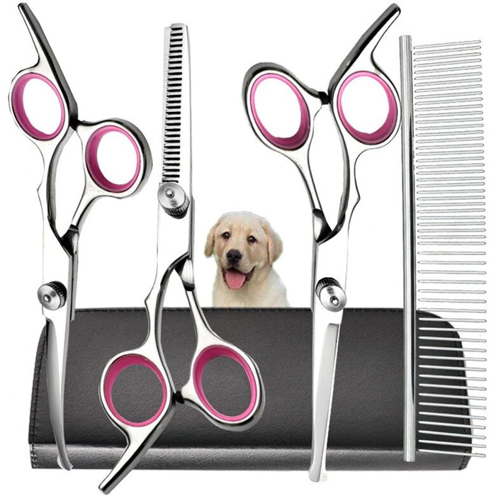 Набір професійних ножиць для собак, 4 в 1: ножиці з круглим носиком, ножиці для фінішування, прямі та вигнуті ножиці, гребінець для грумінгу, з нержавіючої сталі, для собак та котів (рожеві)