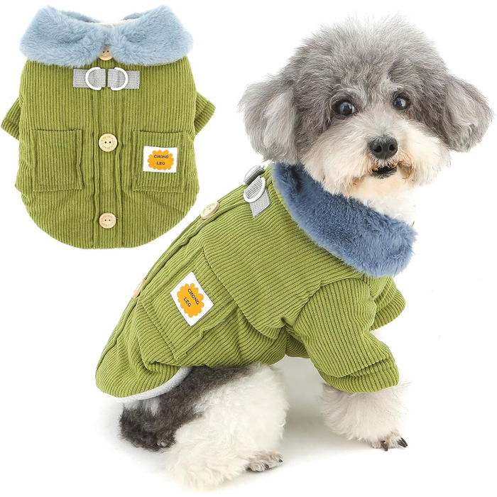Зунеа Куртка для собак з кордурової тканини, тепла, з флісовою підкладкою, для цуценят, з кільцем D, мила, для холодної погоди, товста, для чихуахуа, зелена, розмір XL