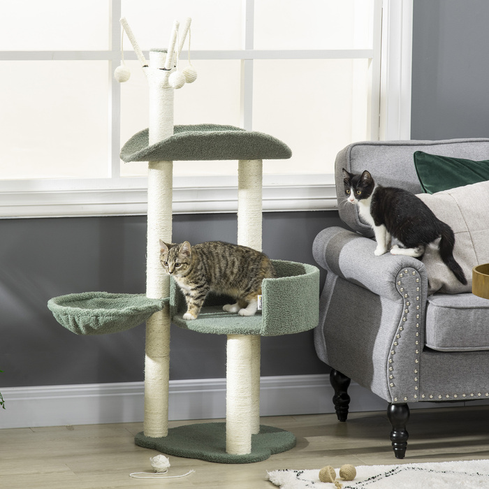 PawHut Cat Tree 123H см Лазильне дерево з кошиком і м'ячем, сизалева колона, ДСП, зелений + кремовий білий| Аосом