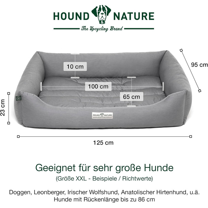 Ортопедичне екологічне ліжко для собак HOUND & NATURE Bern XXL 125x95 см, м'яке, світло-сіре, для великих порід, двостороння подушка, знімний чохол, пране