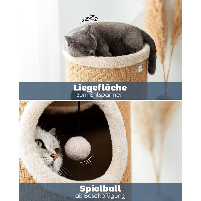 Котячий когтетоп Lionto з сизалю з іграшковим м'ячиком та плюшевим обідком, висота 50 см. Стабільний когтетоп для кошенят та дорослих котів, ідеальний догляд за кігтями та розваги, багато місць для хованнів, діаметр 36 см, висота 50 см (джут, висота 70 см