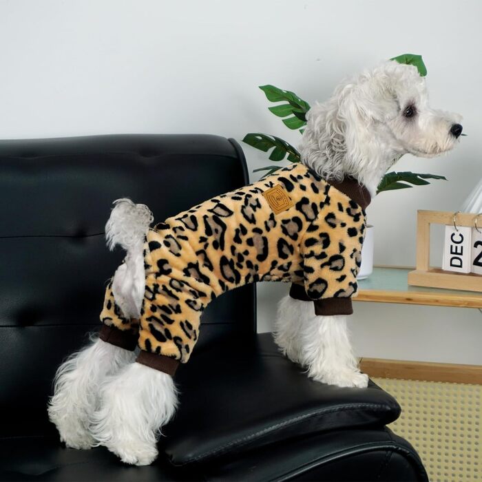 Піжама для собак XPUDAC, фліс, теплий пуловер для собак, дівчаток та хлопчиків, м'яка, тепла зимова одяг для собак, розмір S (груди 15 дюймів), леопардовий принт