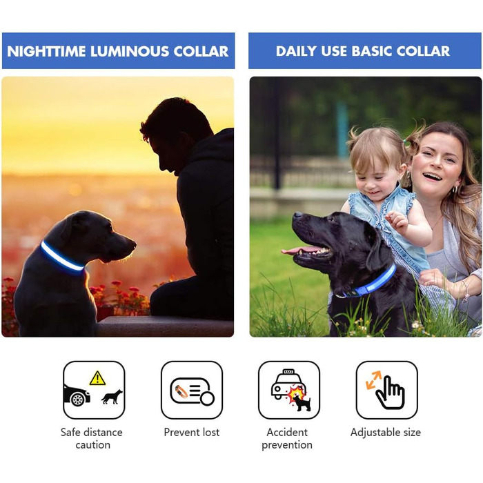 Світловідбиваючий нашийник для собак MABRILL з LED підсвічуванням, водонепроникний, 3 режими світіння, чорний/синій (S)
