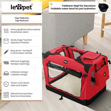 Складаний контейнер Leopet для собак і котів, тканинний, з мискою, для дому та авто, переноска для домашніх тварин, червоний, 60x42x42 см
