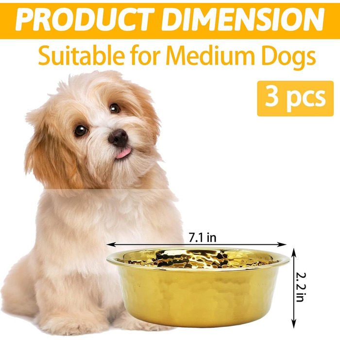 Набір з 3 преміум-мисок для собак та котів Kathson, нержавіюча сталь, міцний метал, для корму та води, для маленьких, середніх та великих тварин, стакові, діаметр 18 см, можна мити в посудомийній машині