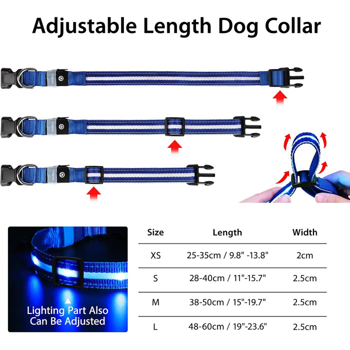 Світлодіодне нашийник для собак Masbri з підзарядкою, водонепроникний, з 3 режимами світіння, безпечний, для великих собак, (L, Синій)