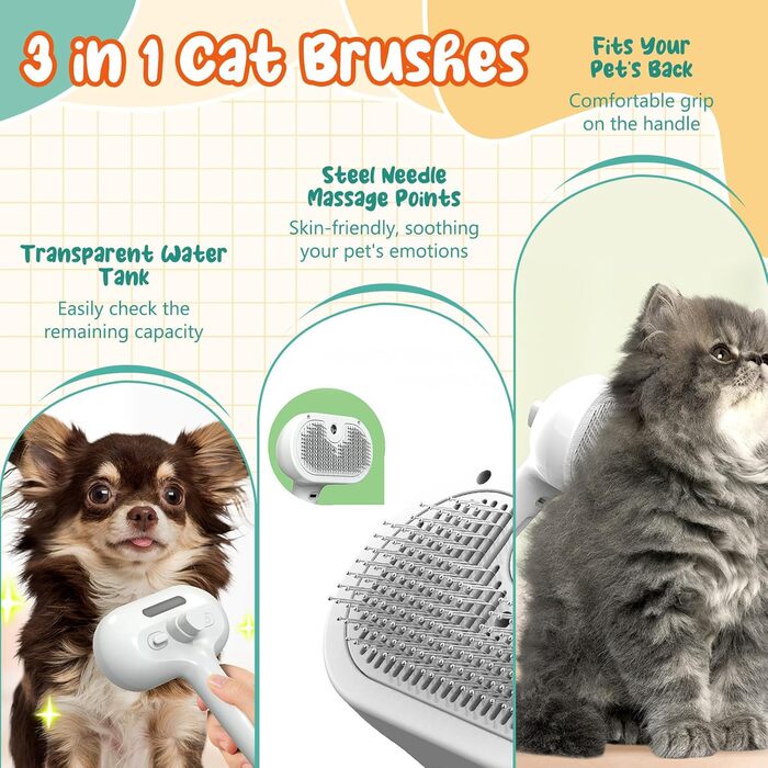 Бурштук для догляду за шерстю собак та котів 3-в-1 з функцією розпилення, самоочищується, антистатичний