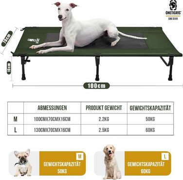 OneTigris лежанка для собак на відкритий простір, піднята лежанка 130x70 см, висота 21 см, швидке встановлення, стабільна, зручна та дихаюча. Лежанка для домашніх тварин для кемпінгу, котяче ліжко - (L, Зелений)