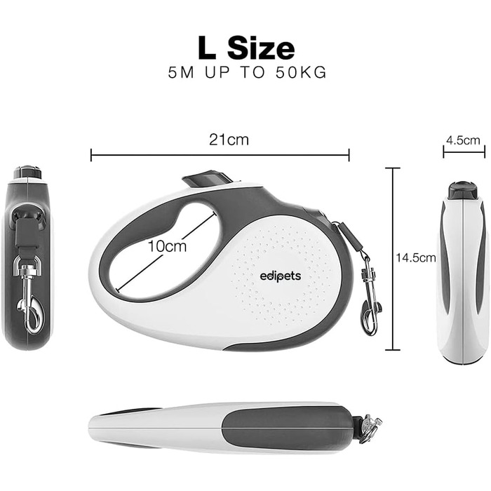 Hundeleine Edipets висувна та втягувана, 5 м, 360°, нейлон, для маленьких, середніх та великих собак (білий, L)