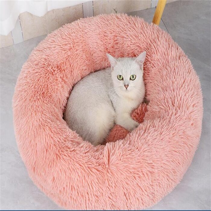 Кругле котяче ліжко Donut 50,8 см рожеве, м'яке, пухнасте, заспокійливе, антистрес, для котів в приміщенні, середній розмір, пране