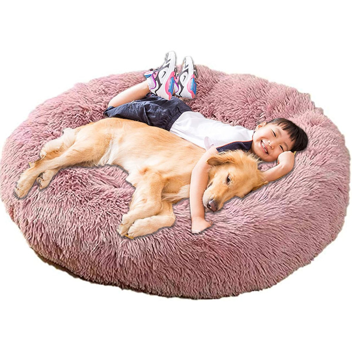 Крісло-лежанка для собак HANHAN у вигляді пончика, XXL, ортопедичне, м'яке, заспокійливе, антистрес, рожеве. Лежанка-печеринка, велика, для собак, миється, з середнім матрацом.