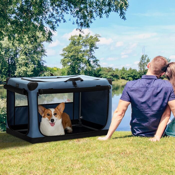 Складаний тканинний бокс для собак Petsfit M, синій – переноска для авто та дому з 3 дверцятами, для середніх порід, легка у транспортуванні