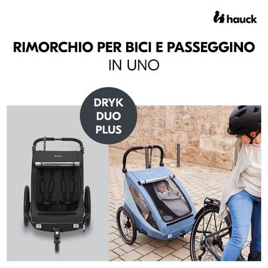 Причіп для велосипеда Hauck Dryk Duo Plus 2-в-1 для 2 дітей (6-48 місяців) з амортизацією, Buggyrad, LED ліхт, XL багажник, чорний