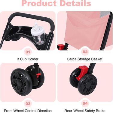 Kamulouk Візок для собак з 4 колесами, туристичний, для вигулу домашніх тварин, з тримачем для напоїв, універсальний для котів та собак, з дихаючою сіткою, для середніх та маленьких собак (Рожевий)