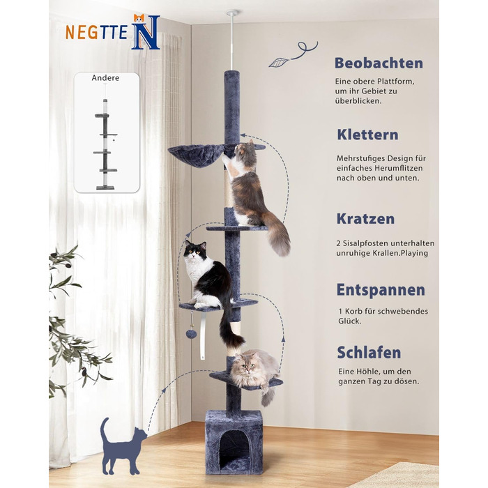 Кігтеточка NEGTTE з регулюванням висоти (230-275см) - кігтечочний комплекс з 2 кігтеточними стовпами, гамаком та будиночком. Вузька кігтеточка висотою для невеликих приміщень, система натягу стелі, страховий ремінь, темно-сірий колір