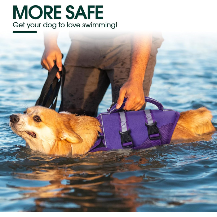 Жилет рятувальний для собак великих порід Kuoser, фіолетовий, з ручкою та світловідбиваючими елементами, регульований