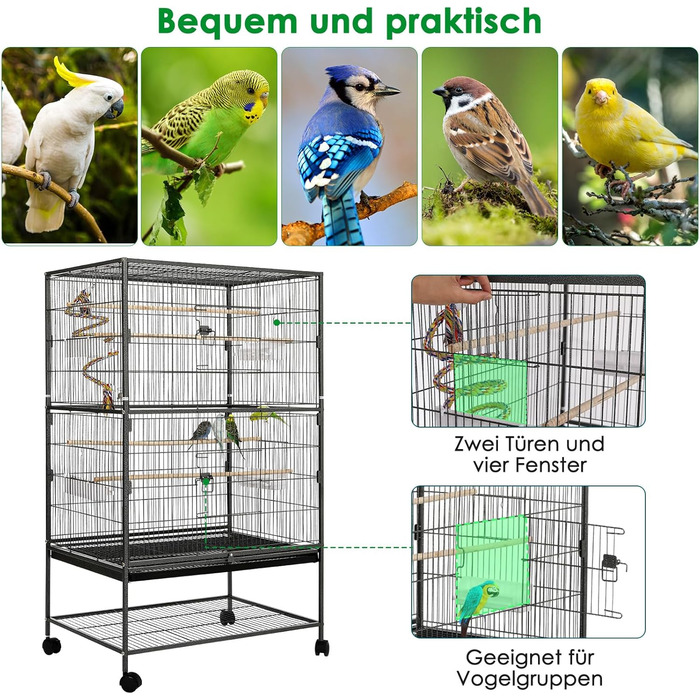 Клітка для птахів велика, металева, на 4 колесах, для хвилястих попугаїв з годівницею, іграшками, гойдалкою, 2 дверцятами, 4 дерев'яними перекладинами, 132 x 78 x 52 см