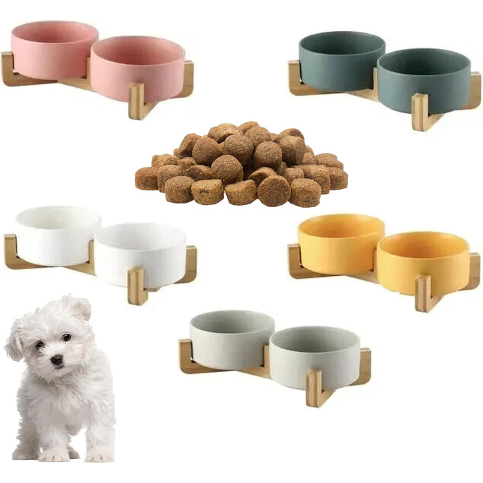 Керамічна миска для собак та котів 2 шт. з підставкою з бамбука, 600 мл, антиковзна, для годування, миска для тварин
