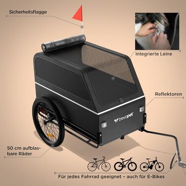 Фаркоп для велосипеда з переноскою для собак XL, чорний – з пандусом, амортизацією та з'єднувачем. Підходить для собак до 45 кг, водонепроникний, сумісний з електровелосипедами