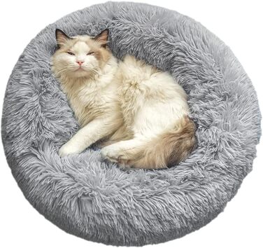 М'яке ліжко для кота та собаки: кругле, плюшеве, миється. Ліжко-подушка для домашніх тварин (70см, 60см, білий, світло-сірий)