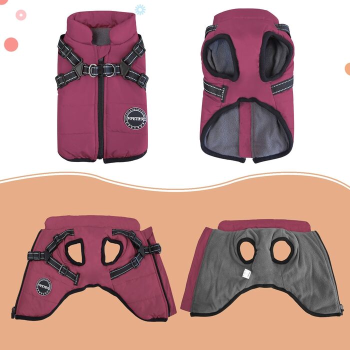 Зимовий теплий одяг для собак V.PET.B.R. - Куртка для собак, поліестер, жилет з інтегрованим шлейкою, водонепроникний, вітронепроникний, світловідбиваючий, зручний, регульований, на блискавці (фіолетовий, X-Small)