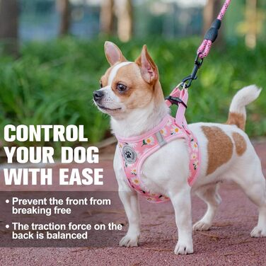 Нашийник та поводок для собак та котів BeautyzOO, м'яка сітка, світловідбиваючий, для маленьких та середніх цуценят, в клітинку, XS/S, (41-46см обхват грудей), рожевий, з квітковим принтом