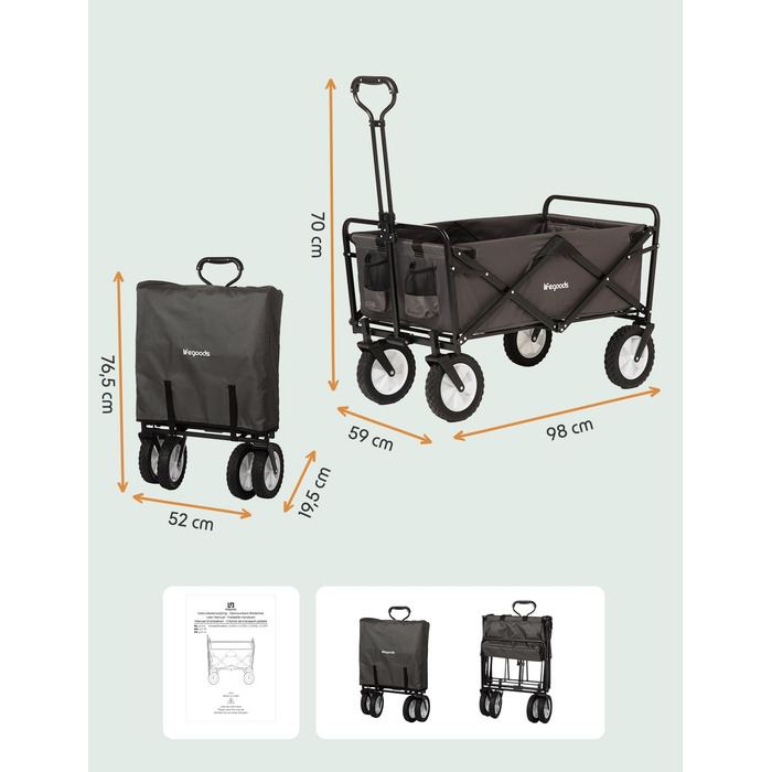 Візок-тачка LifeGoods розкладний сірий – 98x45 см, 94 л, поворотні колеса