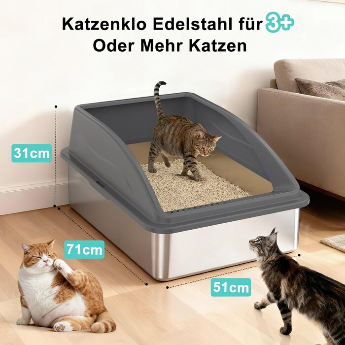 Великий лоток для котів з нержавіючої сталі FURTIME XXXL (71x51x31 см), посилений металевий туалет для великих котів, темно-сірий