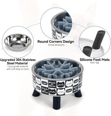 Набір мисок для котів з повільним годуванням (2 шт.), широкі, з нержавіючої сталі, пластикова підставка, силікон, повільний годівник, зручні для котів, годівниця для води та корму, станція годування для котів