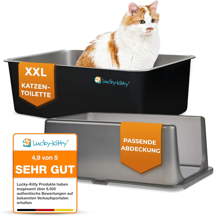 Котлочистка Lucky-Kitty Edelstahl 60x40x20 см з кришкою | XXL, не пропускає запахи, чорна | Котлочистка для котів, не витікає