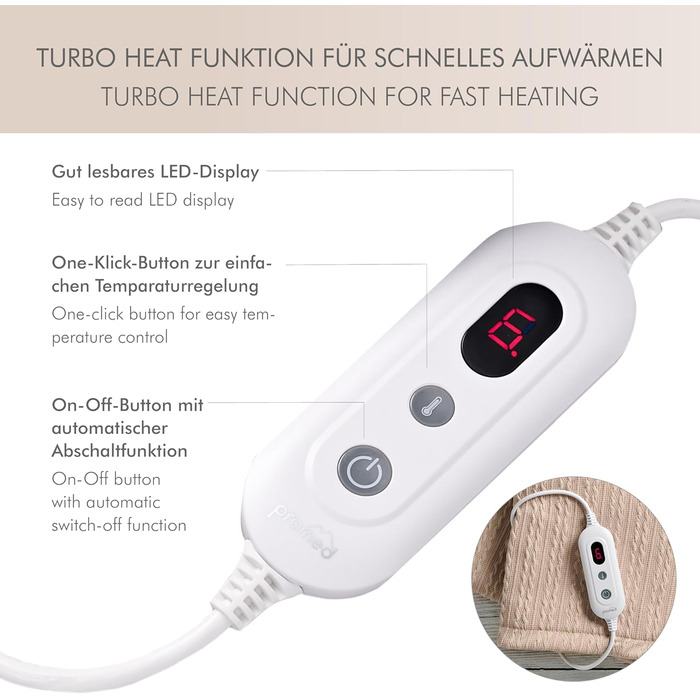 Електрична гріюча ковдра Promed з автовимкненням, 180x130 см, 10 температурних режимів, для шиї, плечей та спини (Бежева)