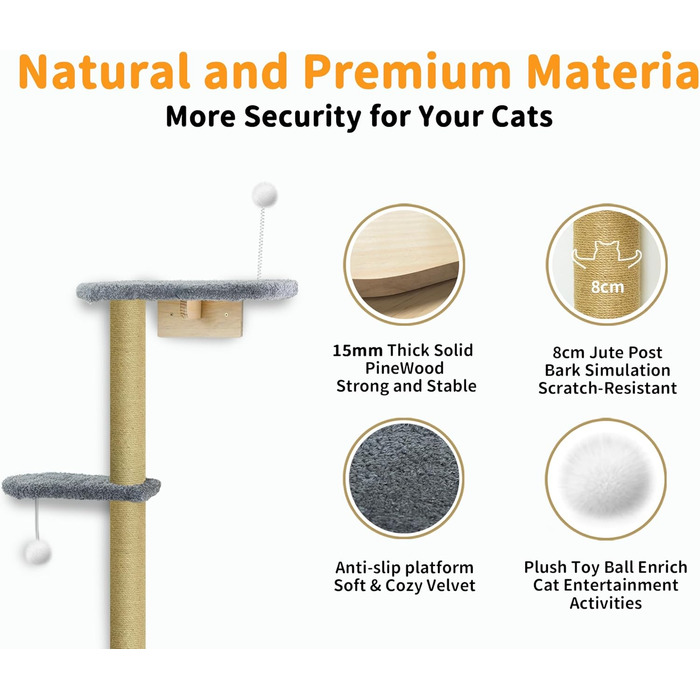 Кліматична стіна для котів Kratzbaum 125см: 4 яруси, натуральне дерево, міцний фетр, сірий колір