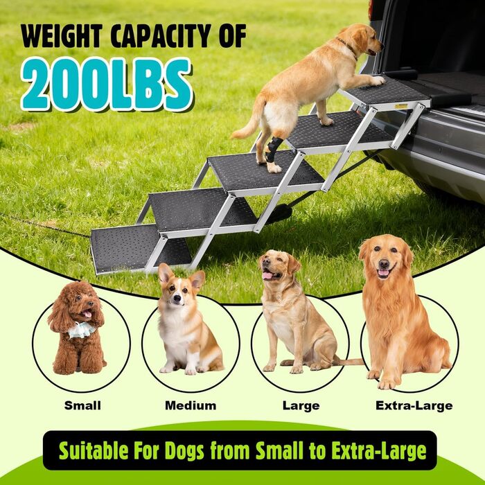 Сходинки для собак великих порід, 5-ступеневі складані, срібного кольору. Підходять для SUV, підтримують до 90 кг.
