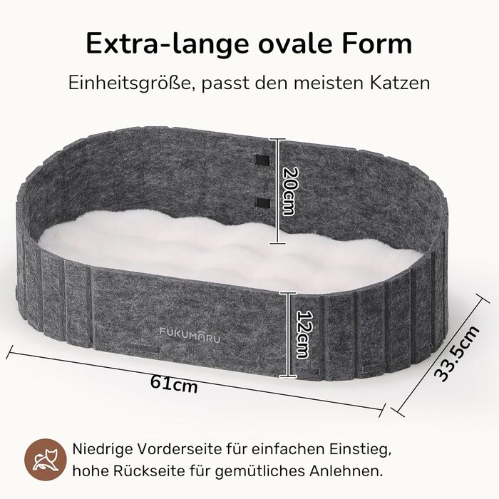 Ліжко для котів FUKUMARU, сіре овальне ліжко-диван з м'яким штучним хутром, філц, 61 см