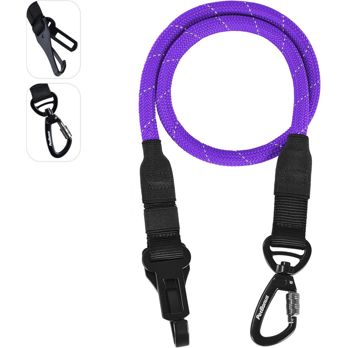Автомобільний поводок для собак PetBonus: безпечний кріплення, міцні карабіни, для маленьких, середніх та великих собак (фіолетовий)