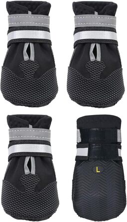 Чоботи для собак AMOMYDOG, 4 шт. Дихаючі, з неслизькою підошвою, регульовані світловідбиваючі застібки-липучки. Підходять для малих, середніх та великих собак (Чорний, L)