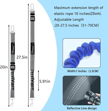 Автомобільний ремінь безпеки для собак IBWell з еластичною стрічкою-амортизатором, сірий, 70,1 см