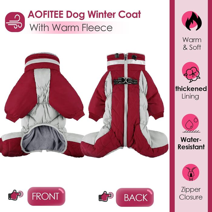 Зимовий комбінезон для собак AOFITEE - теплий водонепроникний зимовий одяг для великих собак з ніжками, підходить для Французького бульдога, колір: бордовий