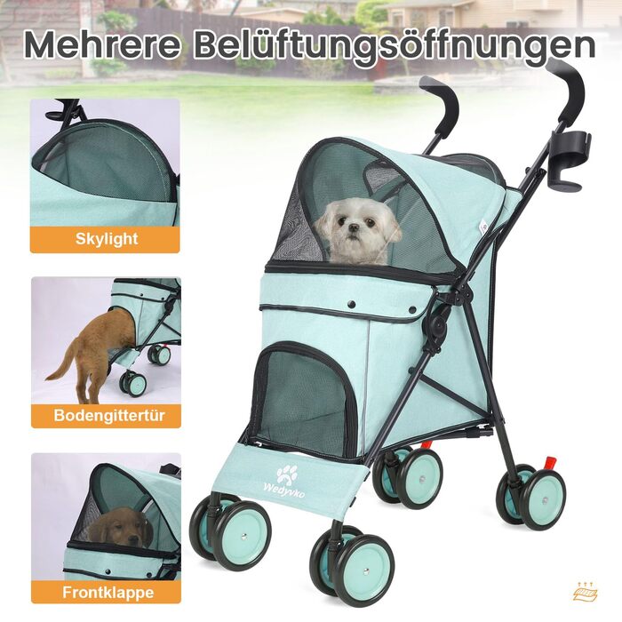 Візок для собак Regenschirm Hundebuggy для маленьких собак 10-9 кг, розкладний, легкий, 4.1 кг, з подвійним плечовим ременем, кошиком для зберігання, тримачем для напоїв, Темно-зелений (Блакитно-зелений)